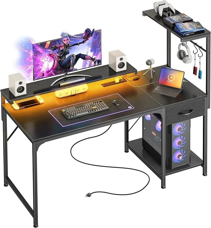 Gaming Desk with LED Lights & Power Outlets