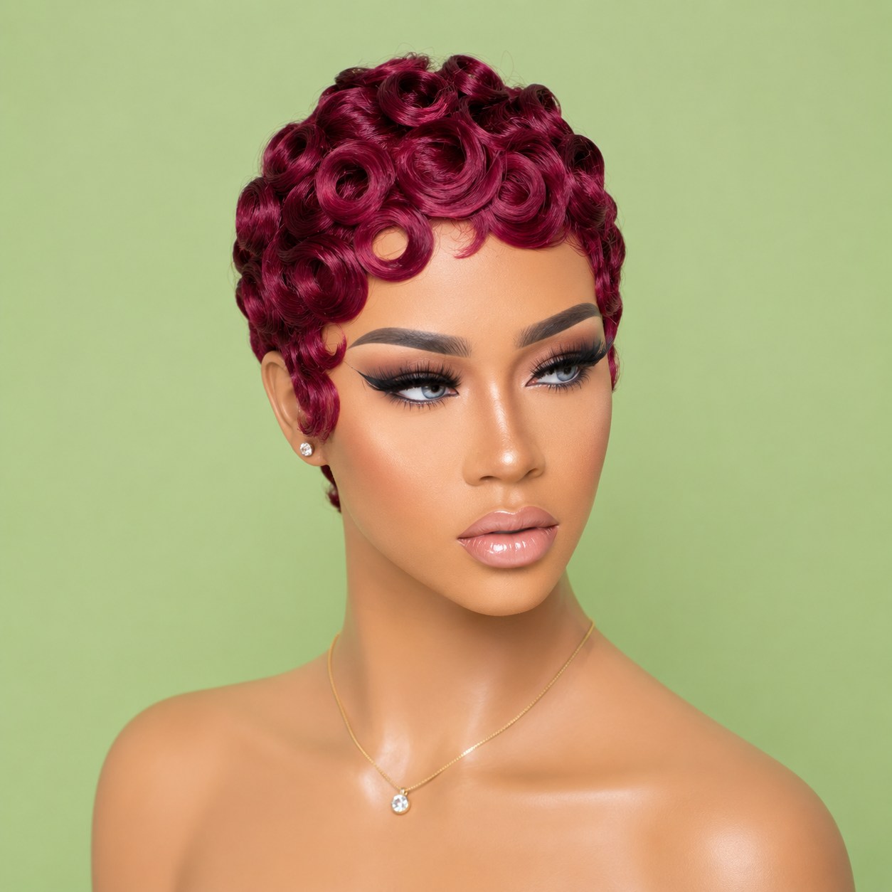 Burgundy Human Hair Finger-Wave Pixie Cut Wig